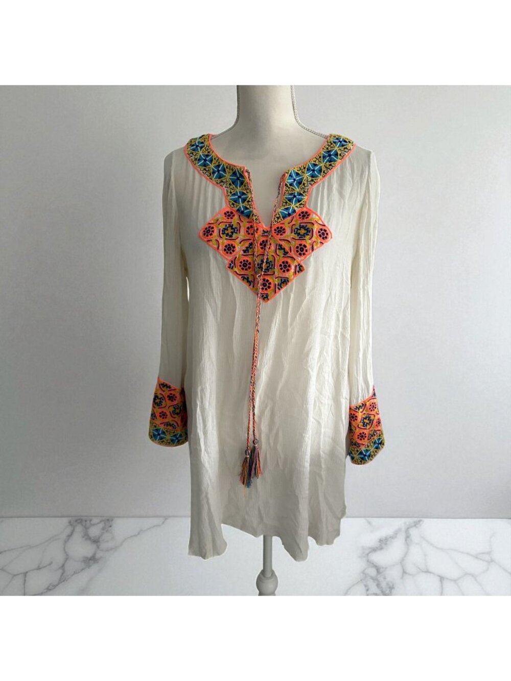 PIA PAURO Women's Handbeaded White Long Sleeeve Dress Size Small